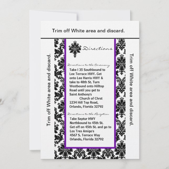 Convite 3,5x6 Directions Card Black Purp Damask (Damasco d (Frente)