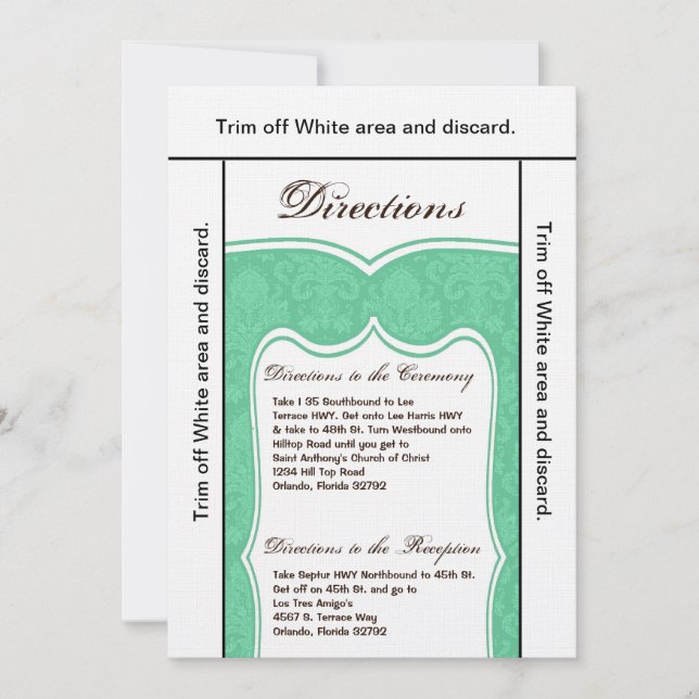 Convite 3,5x6 Directions Card Mint Green Damask (Damasco v (Frente)