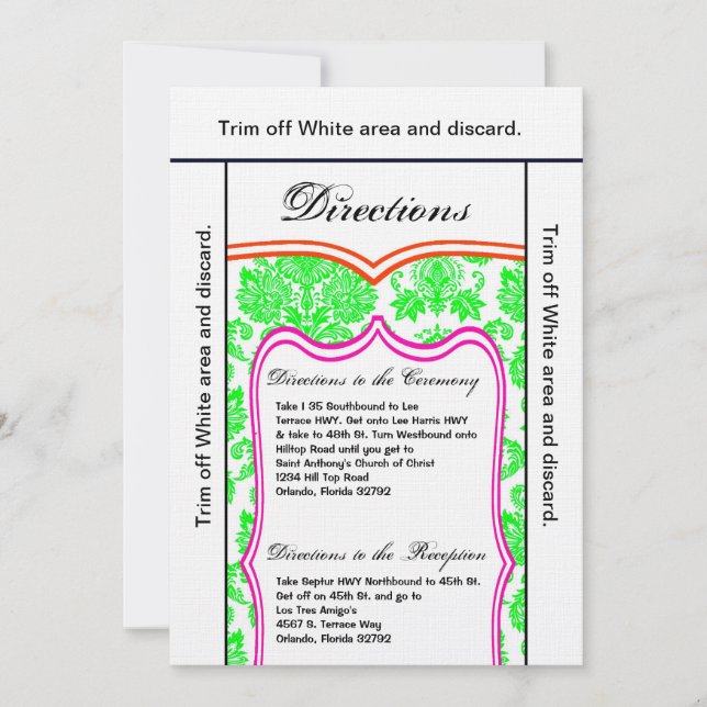 Convite 3,5x6 Directions Card Neon Green Pink OHá Damask ( (Frente)
