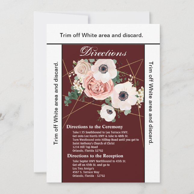Convite 3.5x6 Placa de direção Vinho de Rosa de jardim geo (Frente)