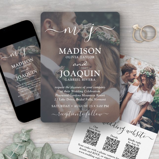 Convite 3 Códigos QR Tudo em Um Foto Monogramada Casamento (Criador carregado)