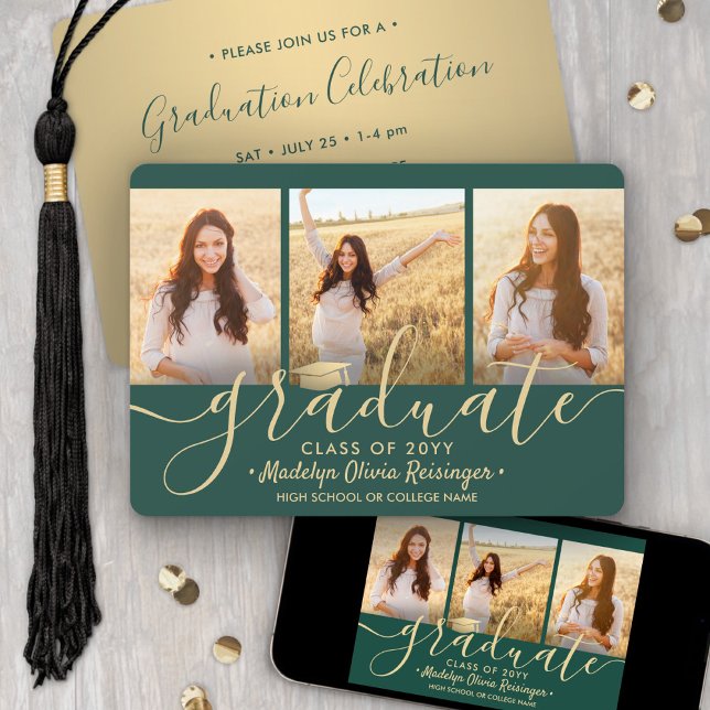 Convite 3 Colagem de Fotografias Script Dourada Festa de f (Criador carregado)