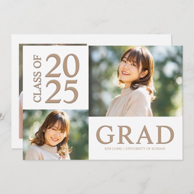 Convite 3 Festa de formatura branca e bege de colagem de f (Frente/Verso)