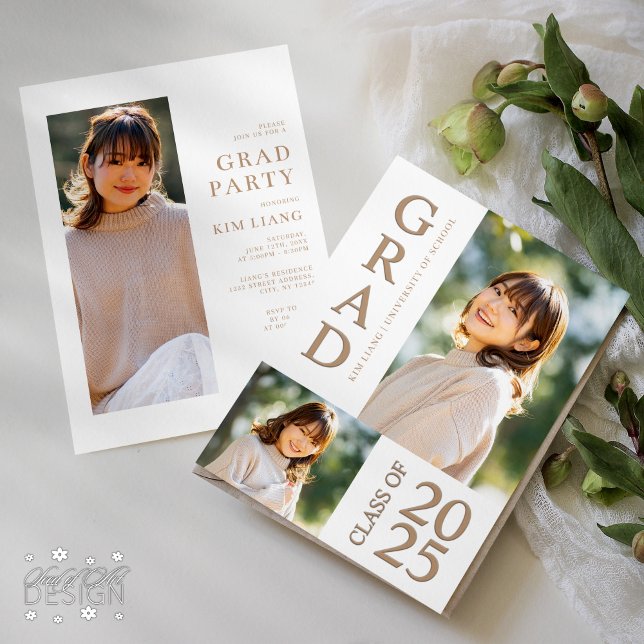 Convite 3 Festa de formatura branca e bege de colagem de f (Criador carregado)