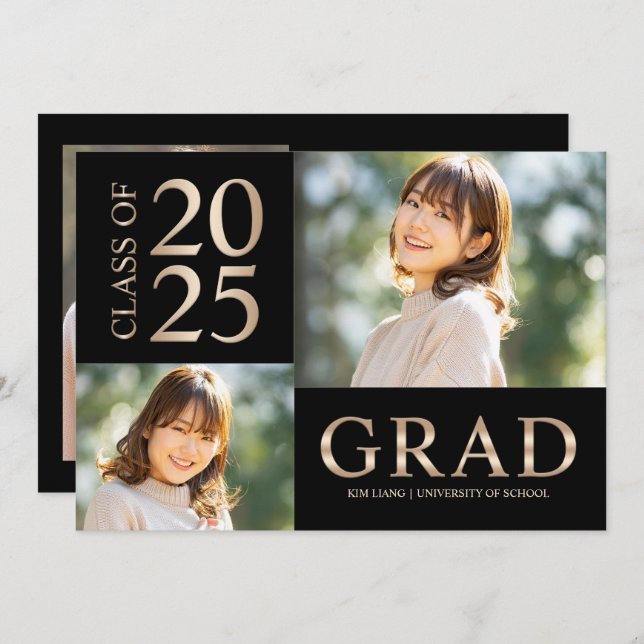 Convite 3 Festa de formatura Preta e bege de Colagem de Fo (Frente/Verso)