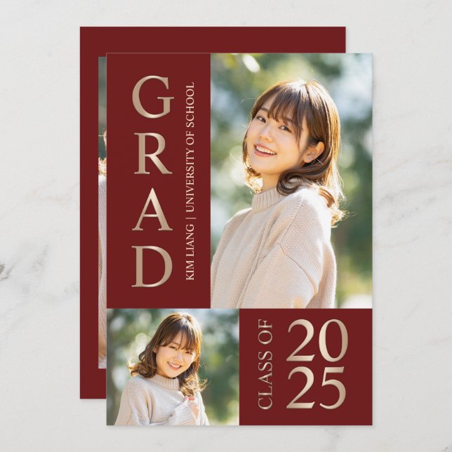 Convite 3 Festa de formatura Vermelho e bege de Colagem de (Frente/Verso)