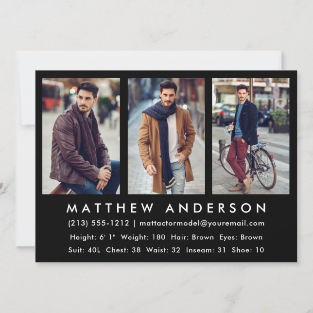 Convite 3 fotografar modelo de ator Comp Card preto (Frente)