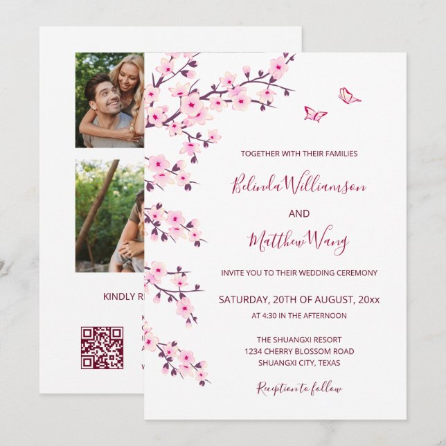 Convite 3 Fotos | Casamento Rosa Branco Flores de Cerejeir (Frente/Verso)