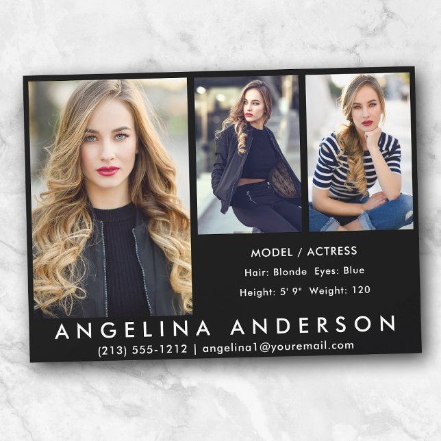 Convite 3 Fotos Modelo Ator Comp Card Blk (Customize to change background color, text size or text style.)