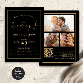 Convite 3 Fotos Script Linha QR Código Dourado Casamento P