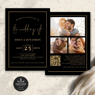 Convite 3 Fotos Script Linha QR Código Dourado Casamento P