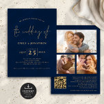 Convite 3 Fotos Script QR Código Marinho Azul Dourado Casa<br><div class="desc">Casamento Dourado Azul do Código QR Marinho 3 Fotos Minimalistas Script. Disponível digitalmente e impresso. elegância clássica em marinho e ouro com este design de texto. O Casamento de está em um roteiro de na moda, e o resto das palavras que você pode personalizar facilmente. Substitua as três fotos no...</div>