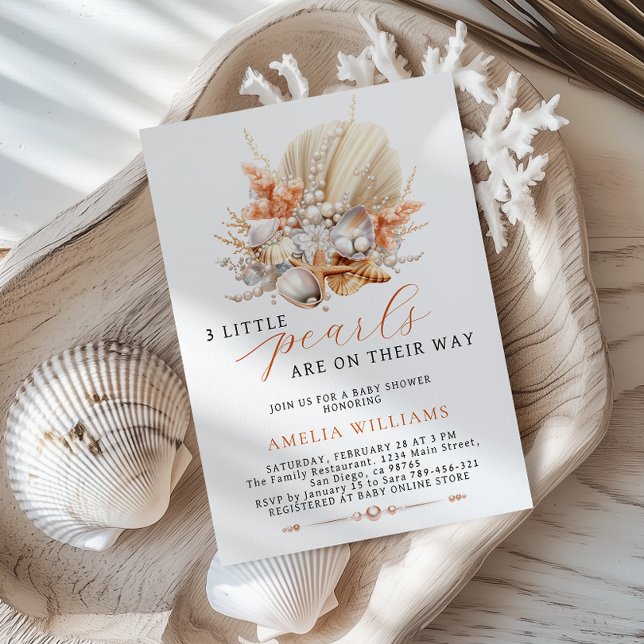 Convite 3 Little Pearls are on Their Way Baby Shower (Criador carregado)