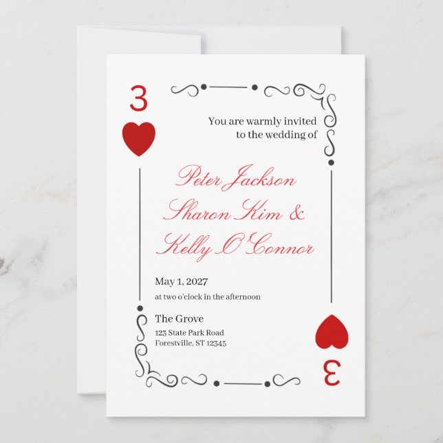 Convite 3 of Hearts Throuple Wedding Invitation (Frente)