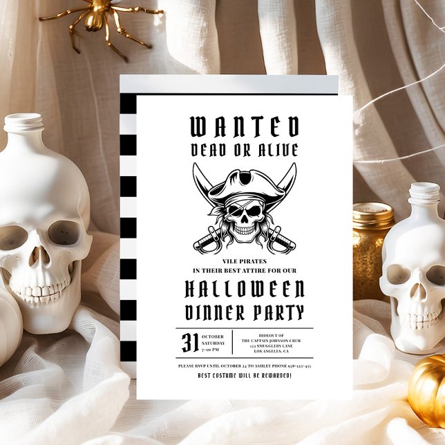 Convite 3 Partido Janto Pirata do Halloween (Pirate Skull Halloween Dinner Party Invitation)