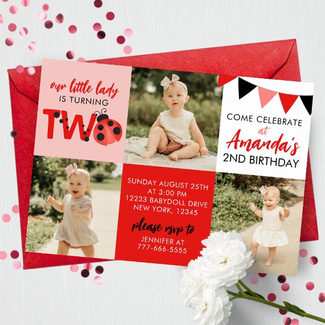 Convite 3 Photo Ladybug 2nd Birthday Invitation (Watercolor Ladybug 3 Photo 2nd Birthday Invitations. Digital or Printed with Envelopes)