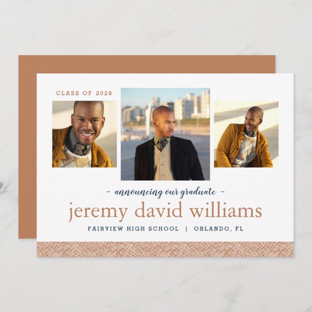 Convite 3 Photo Modern Graduation Announcement (Frente/Verso)