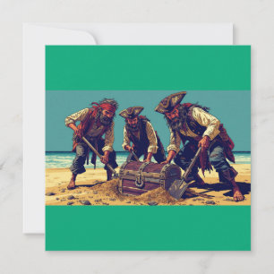 Convite 3 Piratas Usando Pás Para Enterrar Baú Na Praia