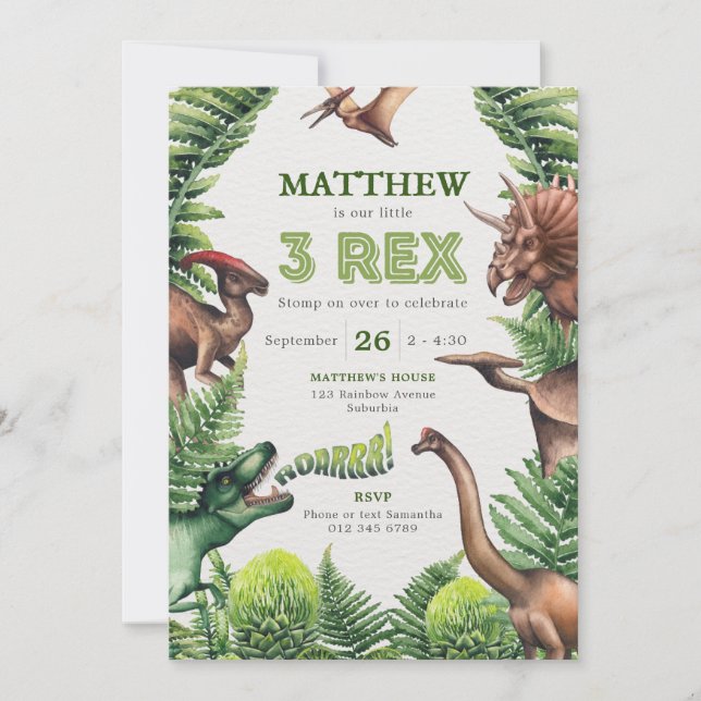 Convite 3-Rex Aquarela T-Rex & Dinossauros Aniversário de  (Frente)