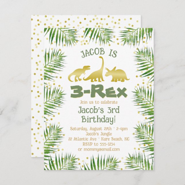 Convite 3 Rex Dinossaur Tropical Greenery Boy aniversário  (Frente/Verso)