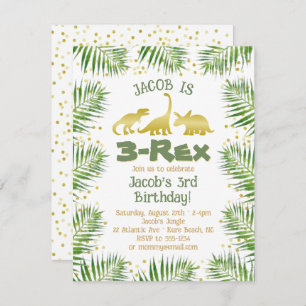 Convite 3 Rex Dinossaur Tropical Greenery Boy aniversário