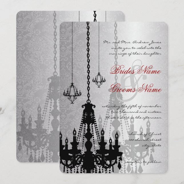 Convite 3 Silver & Black Chandeliers Damask Wedding Invite (Frente/Verso)