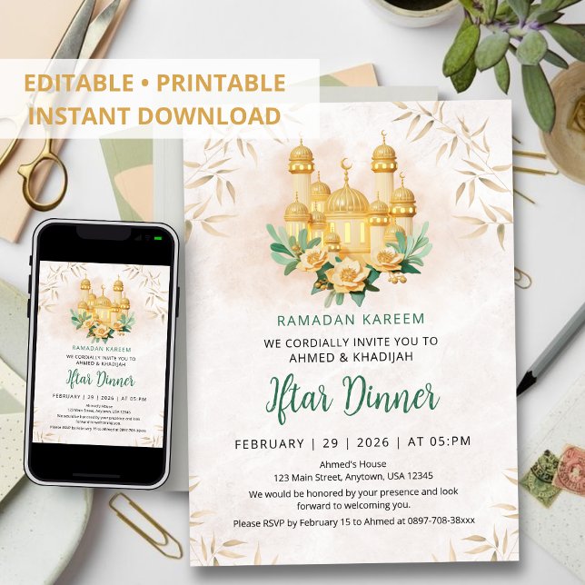 Convite 3D Gold Mosque and Floral Ramadan Iftar Dinner (Criador carregado)