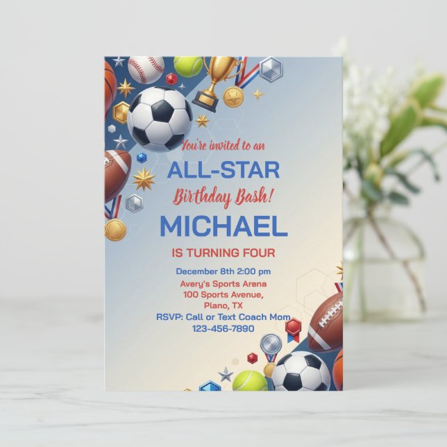 Convite 3D Sports Champion All Star Birthday Party (Em pé/Frente)