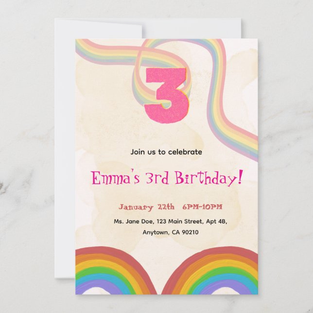 Convite 3rd Birthday Invitation Girl Editable Rainbow (Frente)