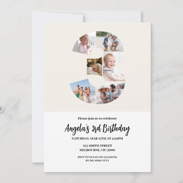 Convite 3rd Birthday Invitation Minimalist - Number 3 (Frente)