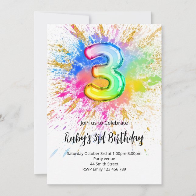 Convite 3rd Birthday Rainbow Paint Splash Invitation (Frente)