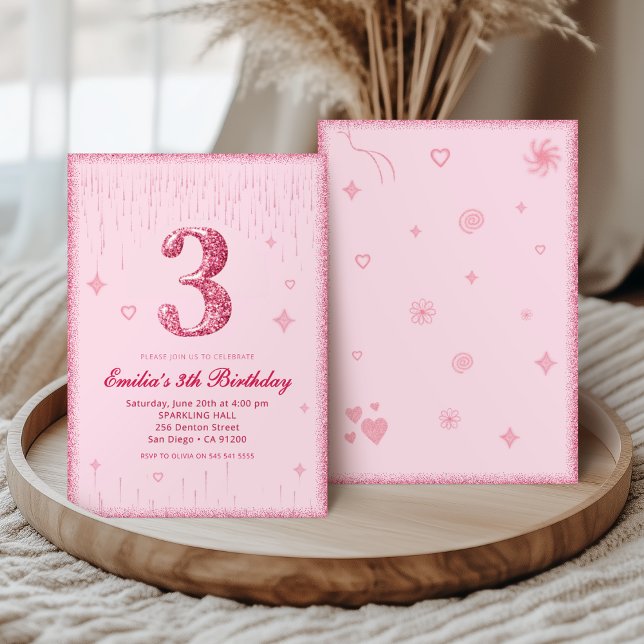 Convite 3rd Pink Glitter Birthday | Sparkle Glitter  (Criador carregado)