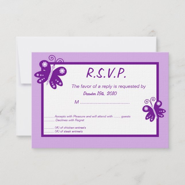 Convite 3x5 RSVP de Borboleta de Primavera Roxo (Frente)