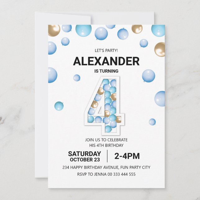 Convite 4ª festa de aniversário, Blue and Dourado Balloon  (Frente)