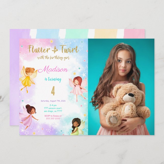 Convite 4ª Foto de Festa de aniversário de Fada de Anivers (Frente/Verso)