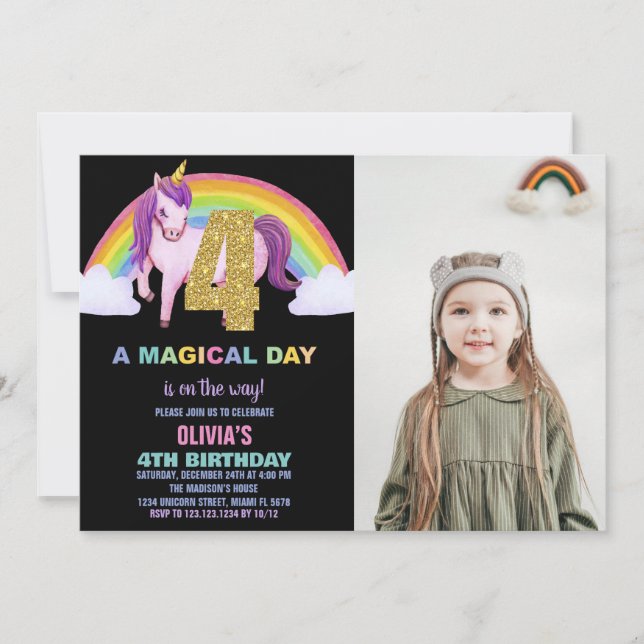 Convite 4ª foto do Rainbow Unicorn Birthday Invtions (Frente)