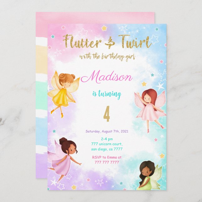 Convite 4º aniversário da Festa de aniversário de fadas (Frente/Verso)
