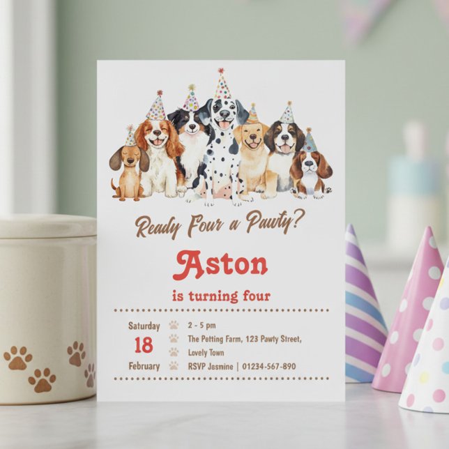 Convite 4º Aniversário Pronto para uma Festa Tema Cachorri (4th Birthday Pawty invitation for kids or dogs! Perfect for pawty in the park or dog lovers party.)
