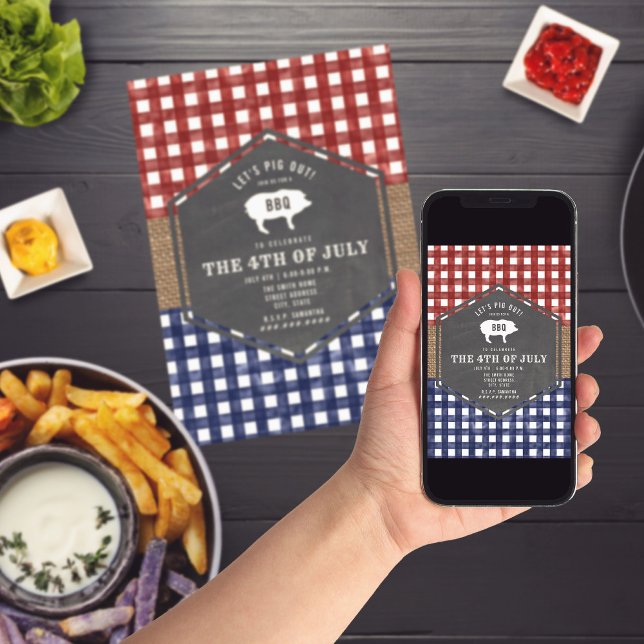 Convite 4º de julho CHURRASCO Pig Red White and Blue Party (Criador carregado)