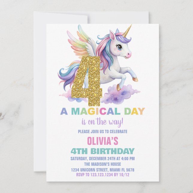 Convite 4º Rainbow Unicorn Birthday Invances Fly (Frente)