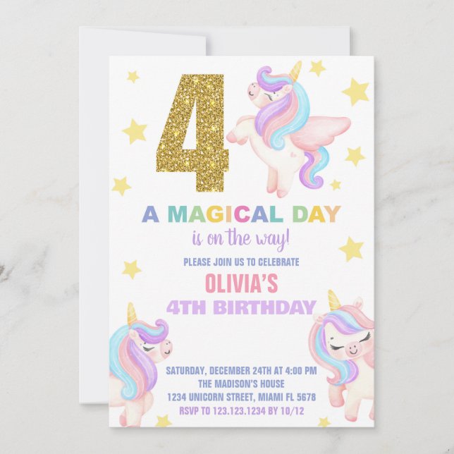 Convite 4º Rainbow Unicorn Birthday Invances Fly (Frente)