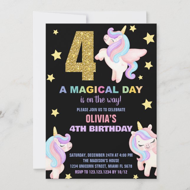 Convite 4º Rainbow Unicorn Birthday Invances Fly (Frente)