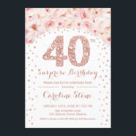 Convite 40ª Festa de aniversário surpresa - Rosa branca Do<br><div class="desc">Convite de festas aniversário de 40 anos. Design elegante em ouro rosa e branco. Possui rosas cor-de-água pinceladas rosa,  confetti e diamantes. Perfeito para uma comemoração de vidro.</div>