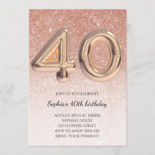 Convite 40ª mulher Rosa de aniversário Dourada Elegante