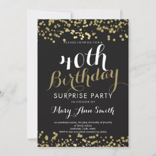 Convite 40ª Surpresa Aniversário de Foil Ouro Confetti