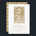 Convite 40ª Surpresa Aniversário Gótico Dourado Tarot<br><div class="desc">Um 40º convite de aniversário surpresa no estilo de um cartão de tarô de ouro,  com esqueleto,  cupcake de aniversário e vela. Uma vibração oculta gótica engraçada. O convite está disponível no impressão,  como download digital ou ambos.</div>