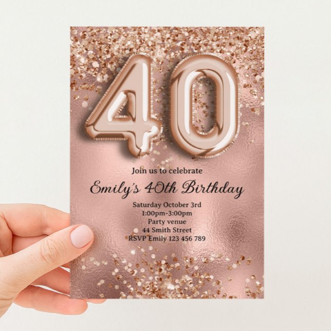 Convite 40º Aniversário Brilho Dourado Rosa (Criador carregado)