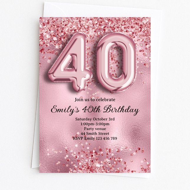 Convite 40º Aniversário Brilho Rosa (Criador carregado)