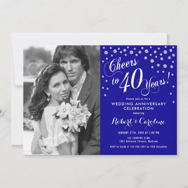 Convite 40º Aniversário com Foto - Azul Safira Prata (Frente)