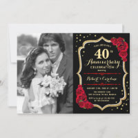 40º Aniversário com Foto - Rosas Vermelhas Dourado